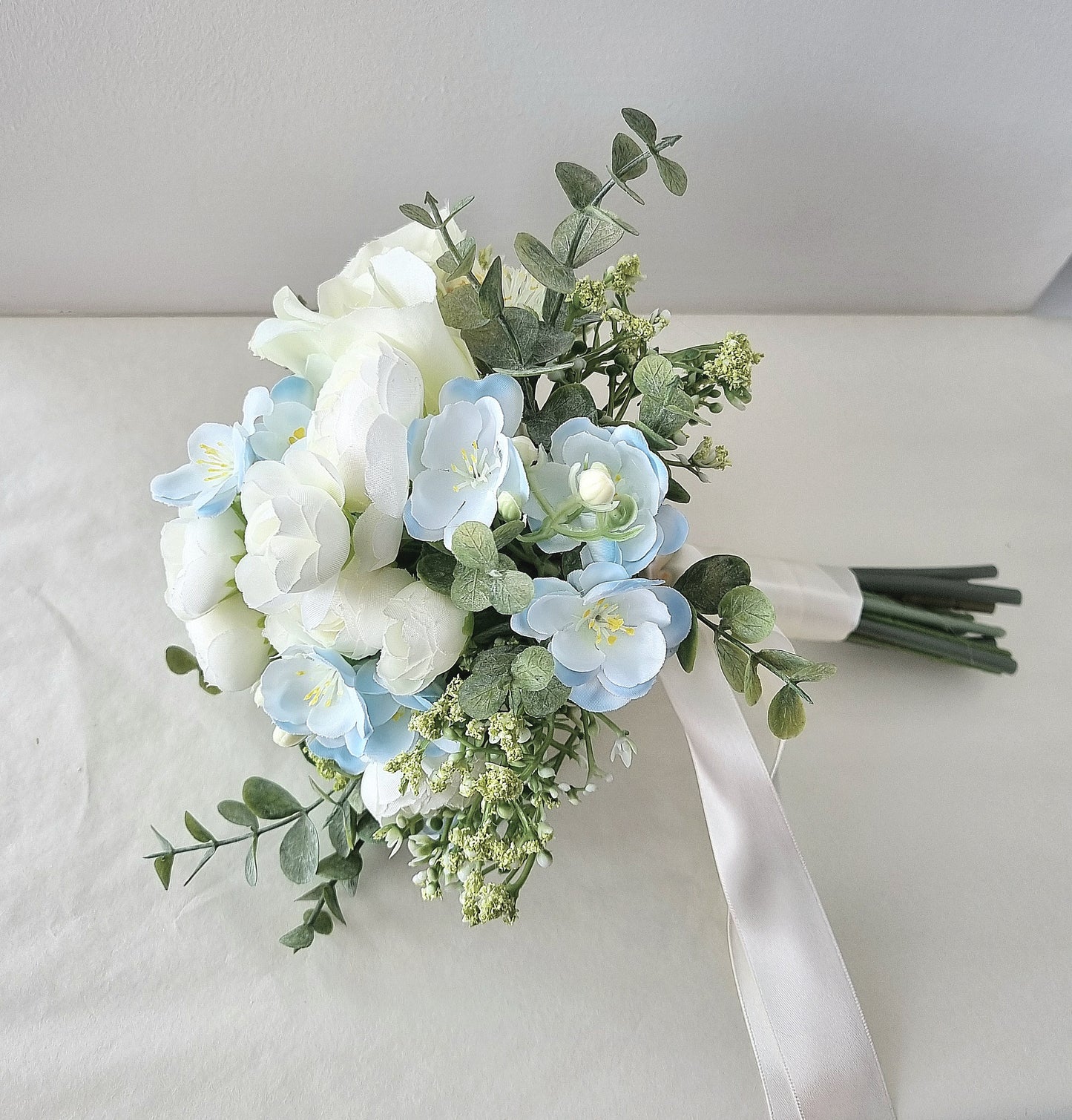Light dusty blue & ivory artificial wedding bouquet