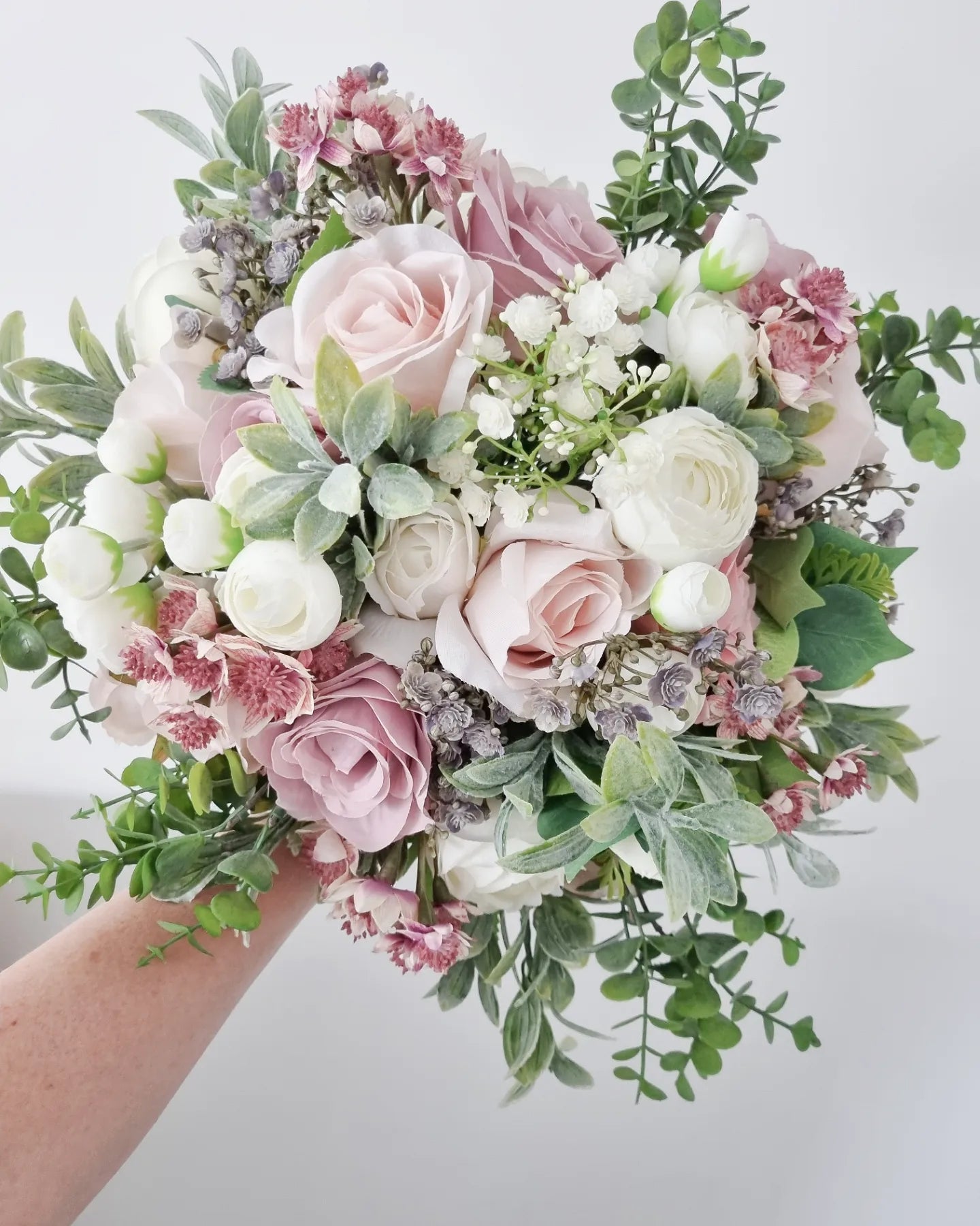 Blush & dusty pink, ivory, subtle grey & muted greenery XL faux bridal bouquet