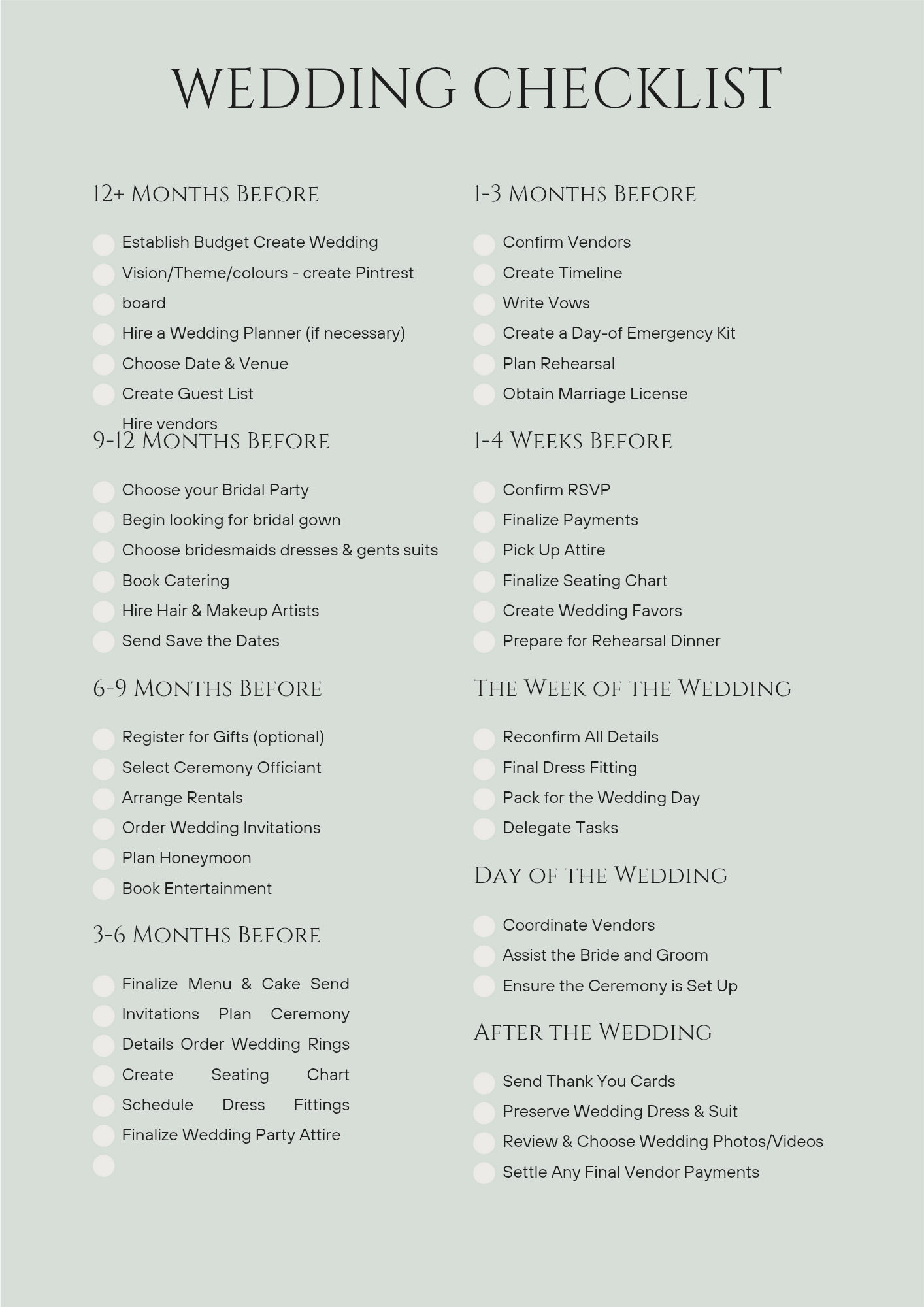 Wedding checklist divided into stages with tasks listed.