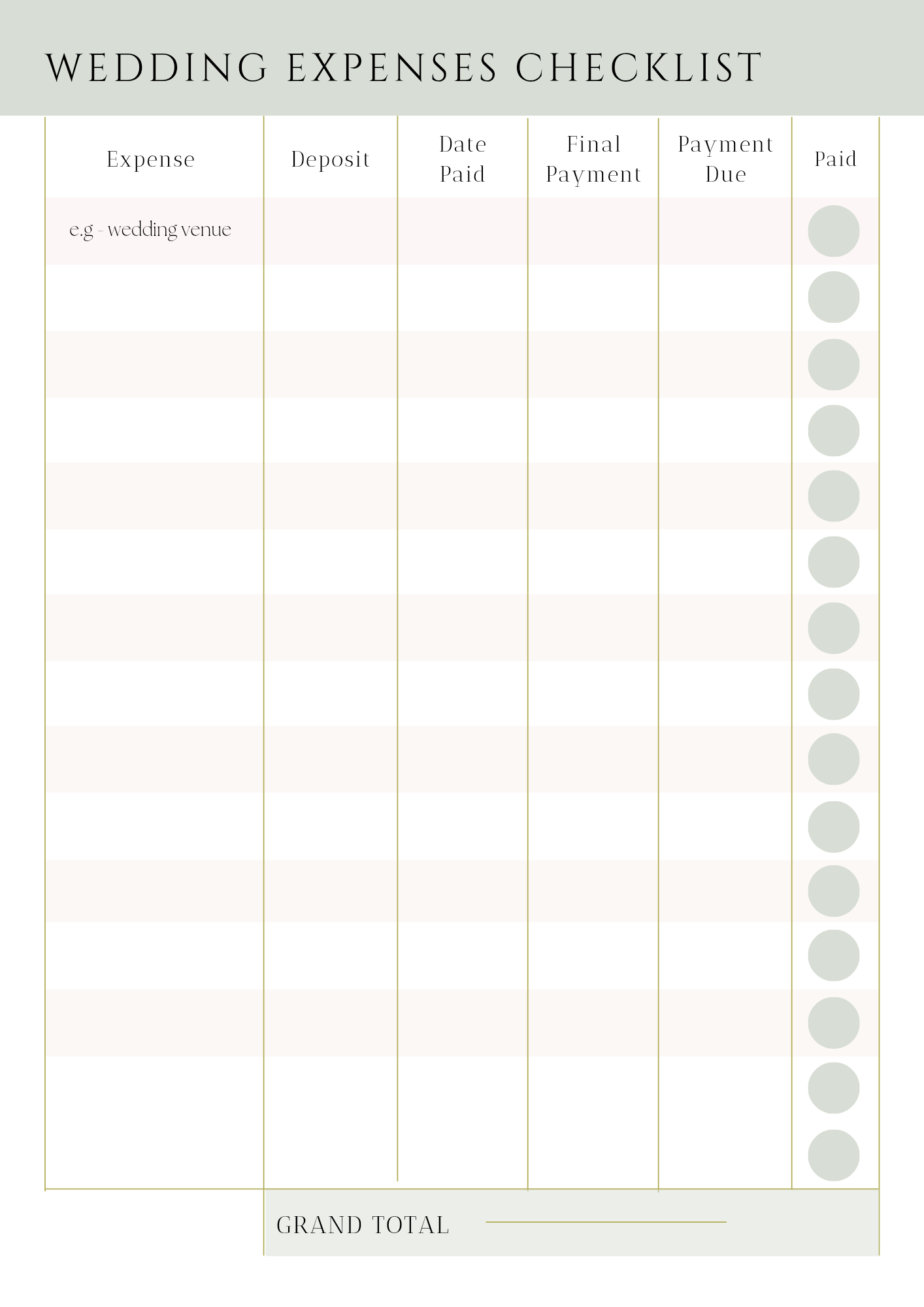 Wedding expenses checklist with columns for expense, deposit, date paid, final payment, payment due, and paid checkboxes.