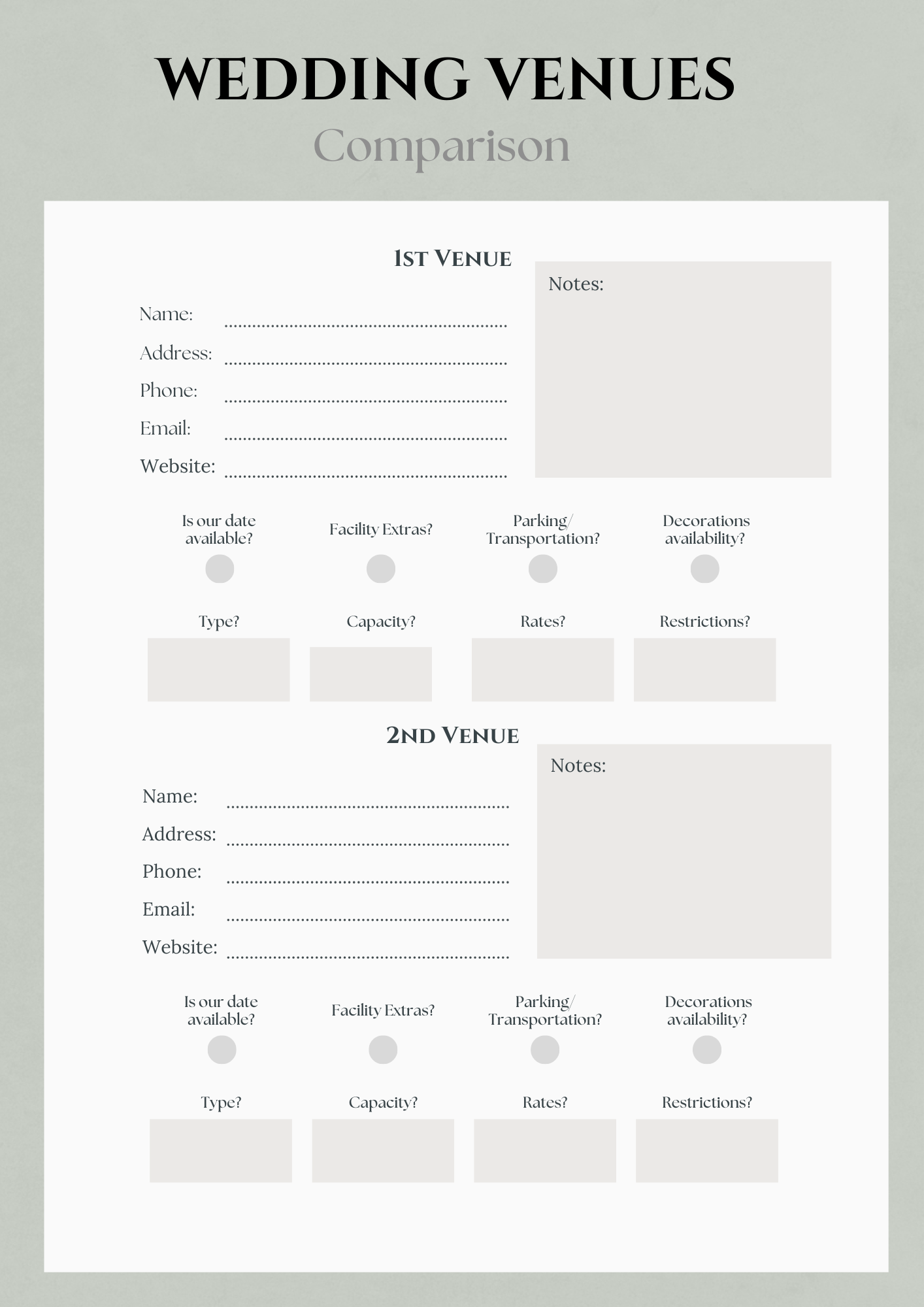 Comparison chart for wedding venues with columns for venue details and rating criteria.