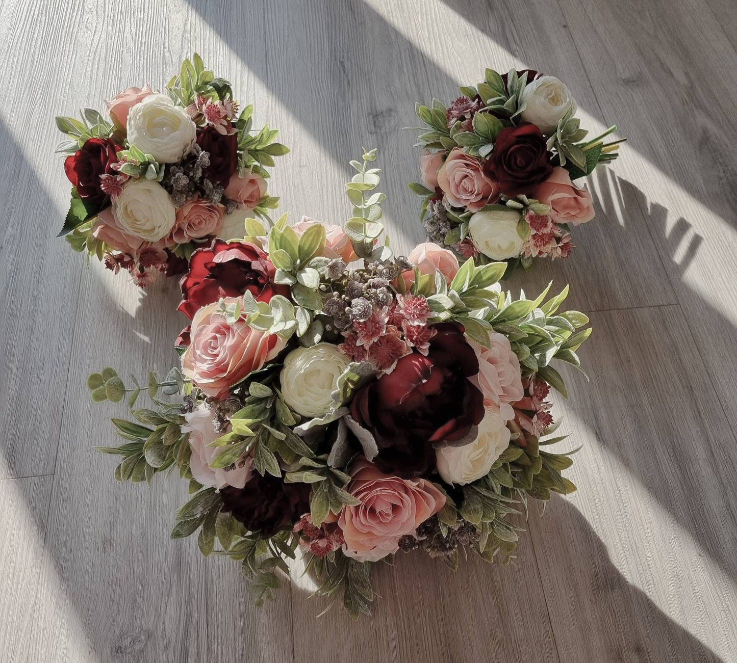 Burgundy, ivory, dusty pink, grey & muted greenery artificial wedding bouquet