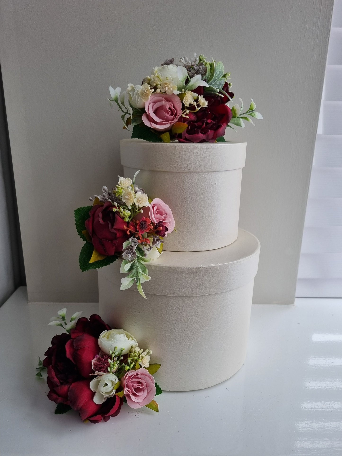 Burgundy, ivory, dusty pink, grey & muted greenery silk cake flowers