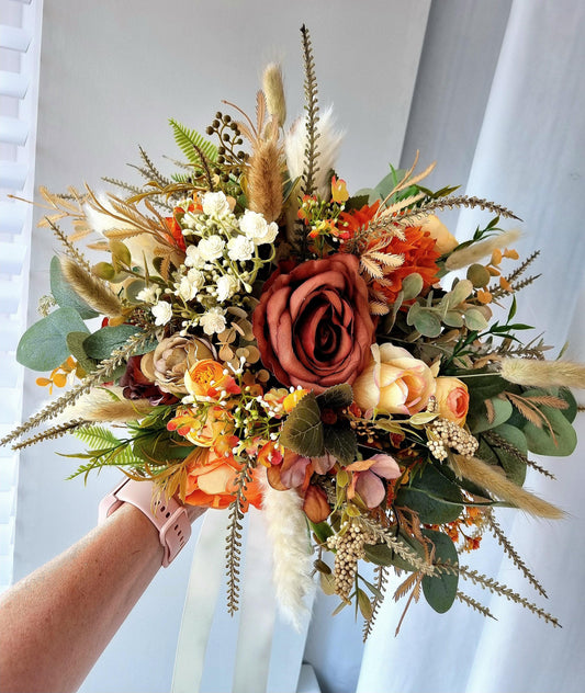 Artificial Autumn Wedding Bouquet: Burnt Orange Faux Flowers