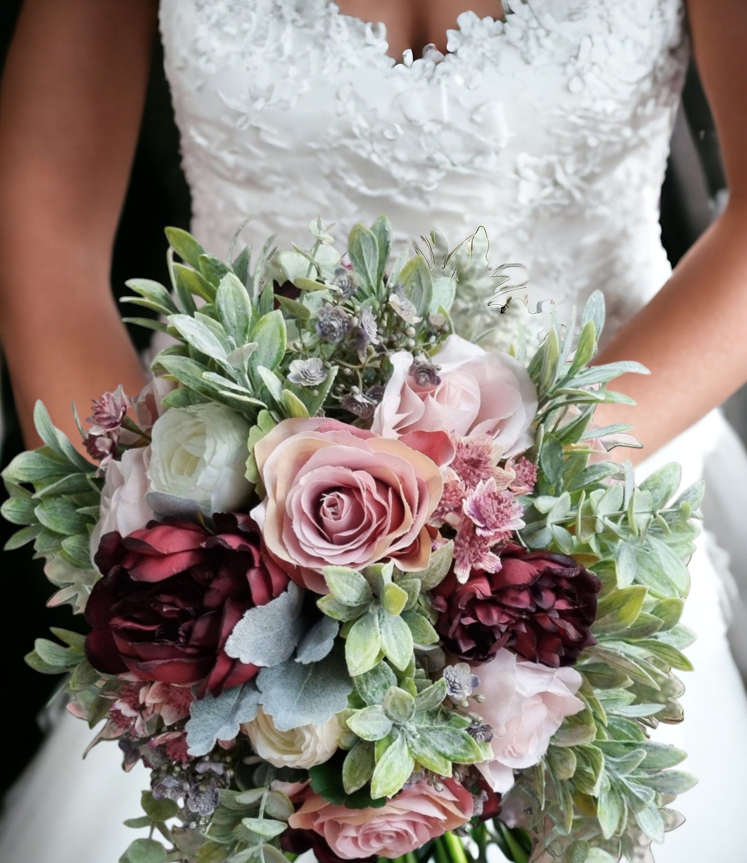Deep reds, burgundy, dusty pinks, ivory and green artificial wedding flowers