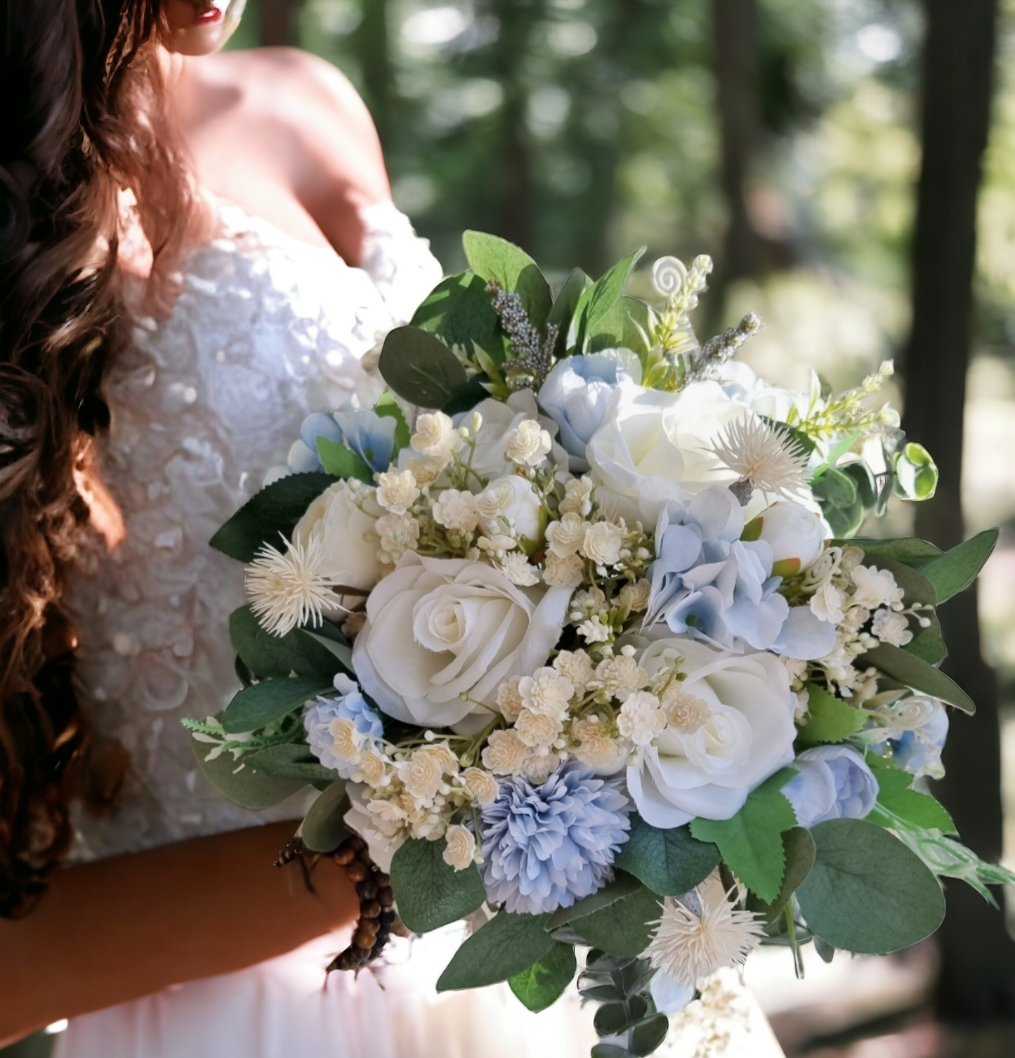 Light dusty blue & ivory artificial wedding bouquet