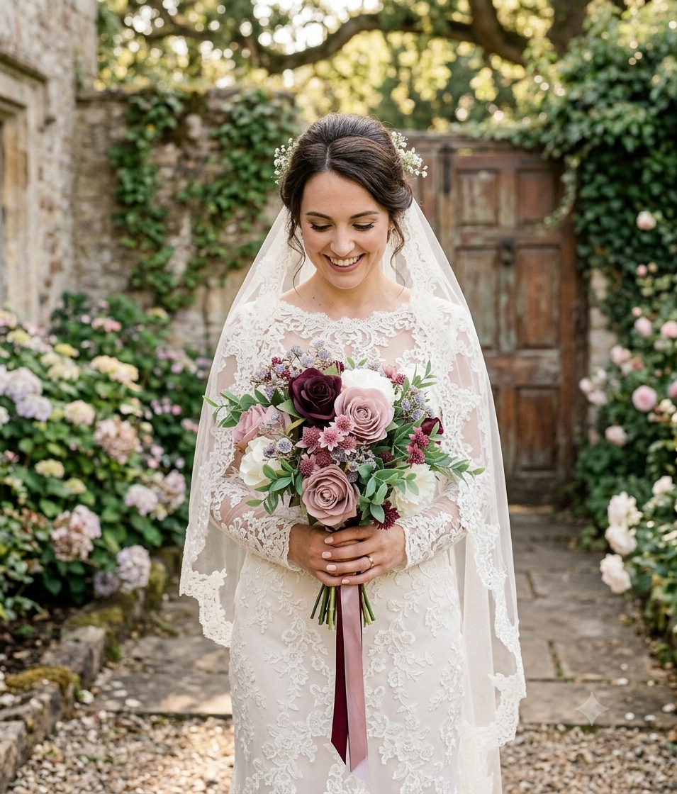 Burgundy, dusky pink, ivory & muted green artificial bridal wedding bouquet