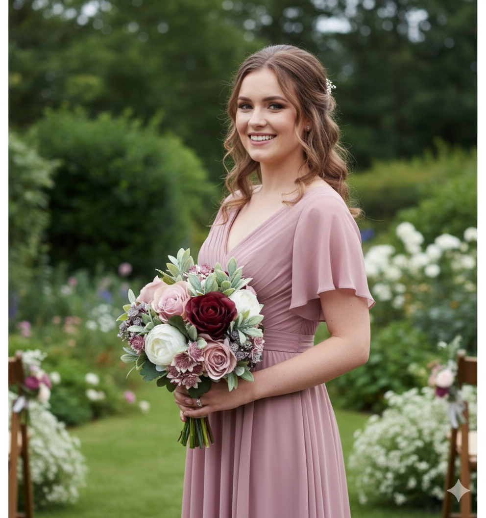 Burgundy, ivory, dusty pink, grey & muted greenery artificial wedding bouquet