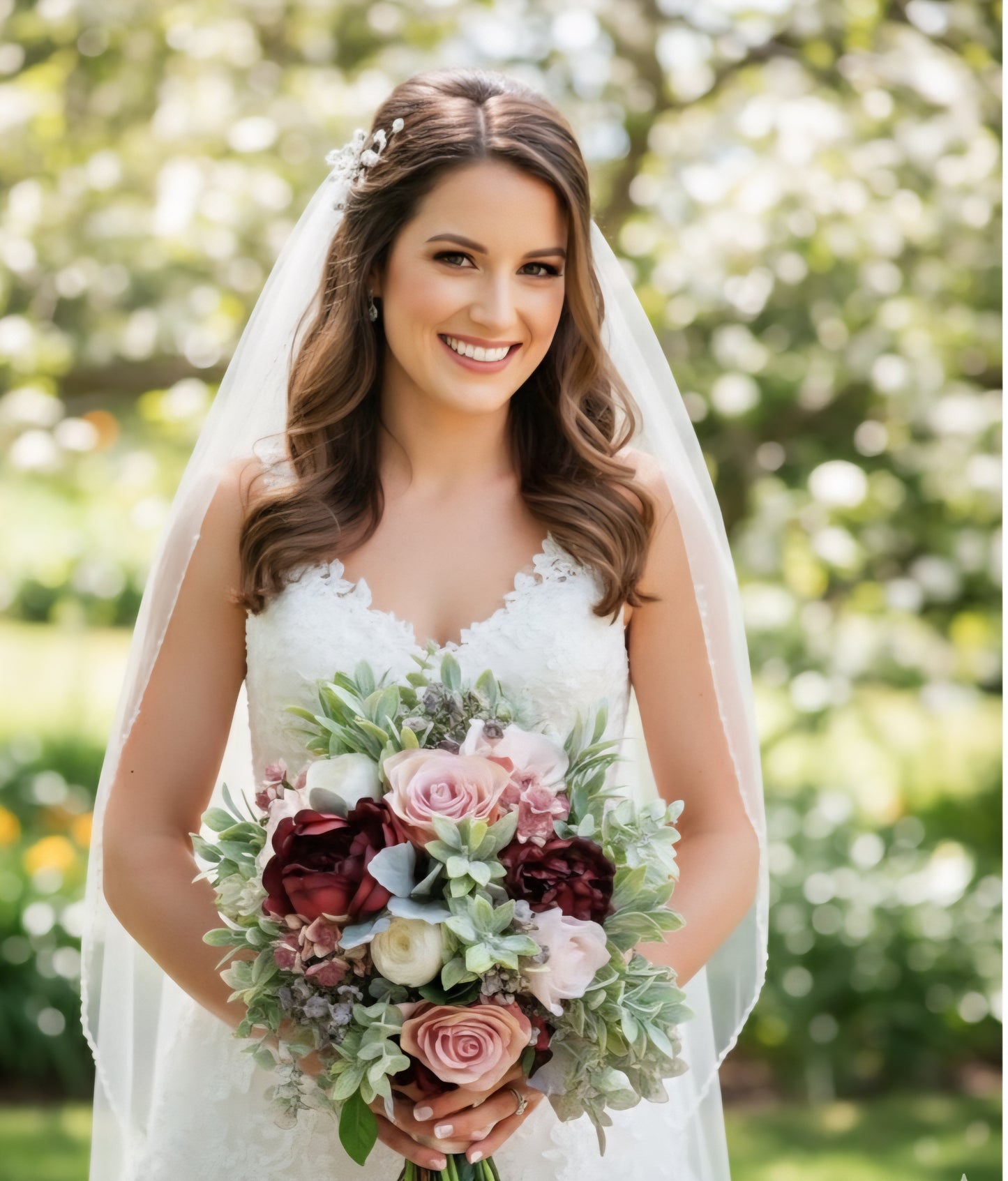 Burgundy, ivory, dusty pink, grey & muted greenery artificial wedding bouquet