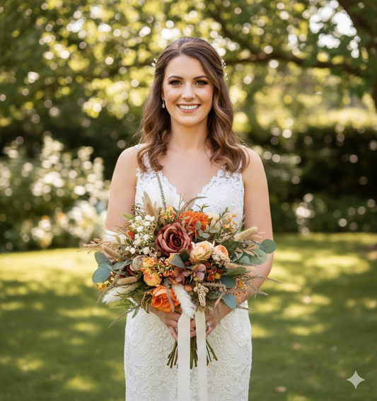 Artificial Autumn Wedding Bouquet: Burnt Orange Faux Flowers