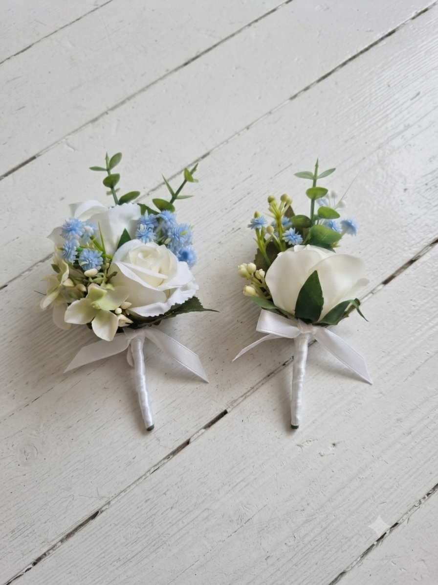 Dusty blue and ivory artificial wedding buttonhole – faux flowers UK