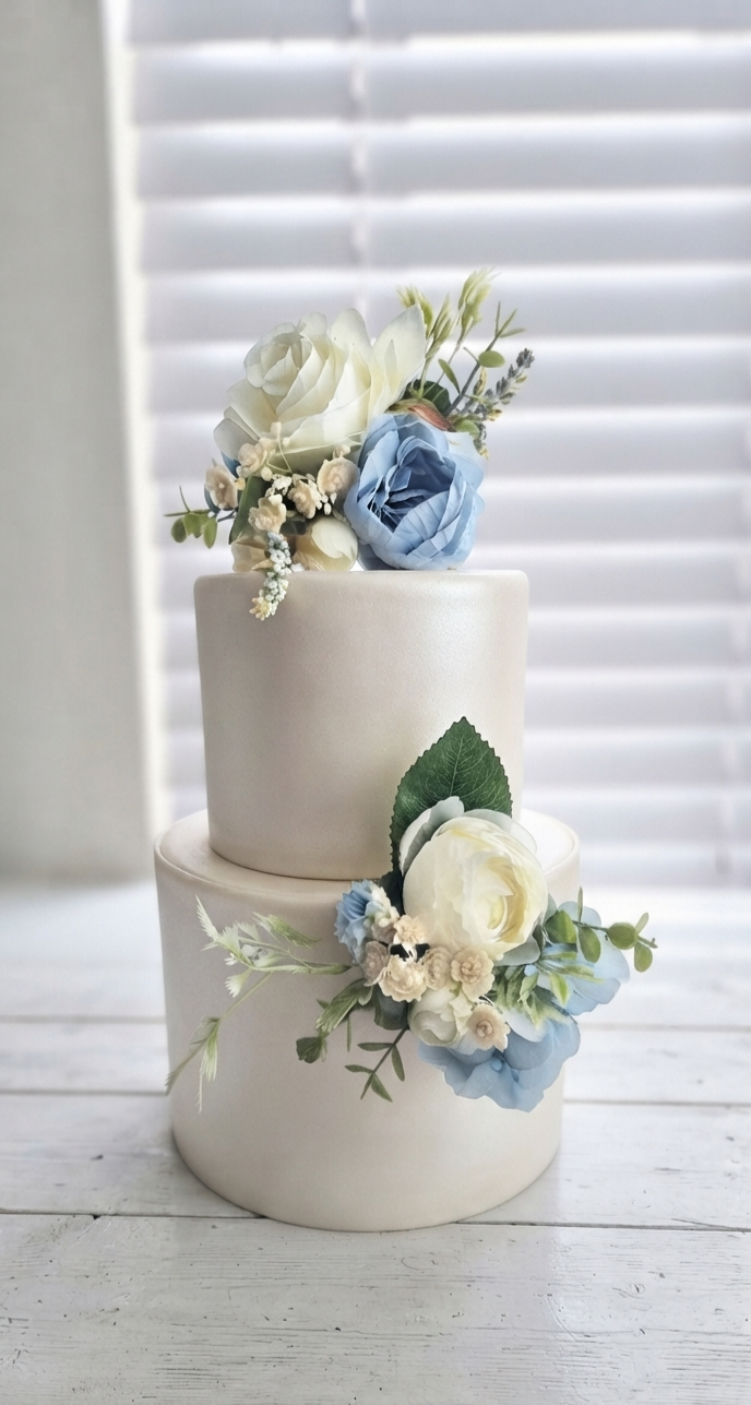 Dusty blue and ivory silk artificial cake flowers – faux wedding cake decoration UK