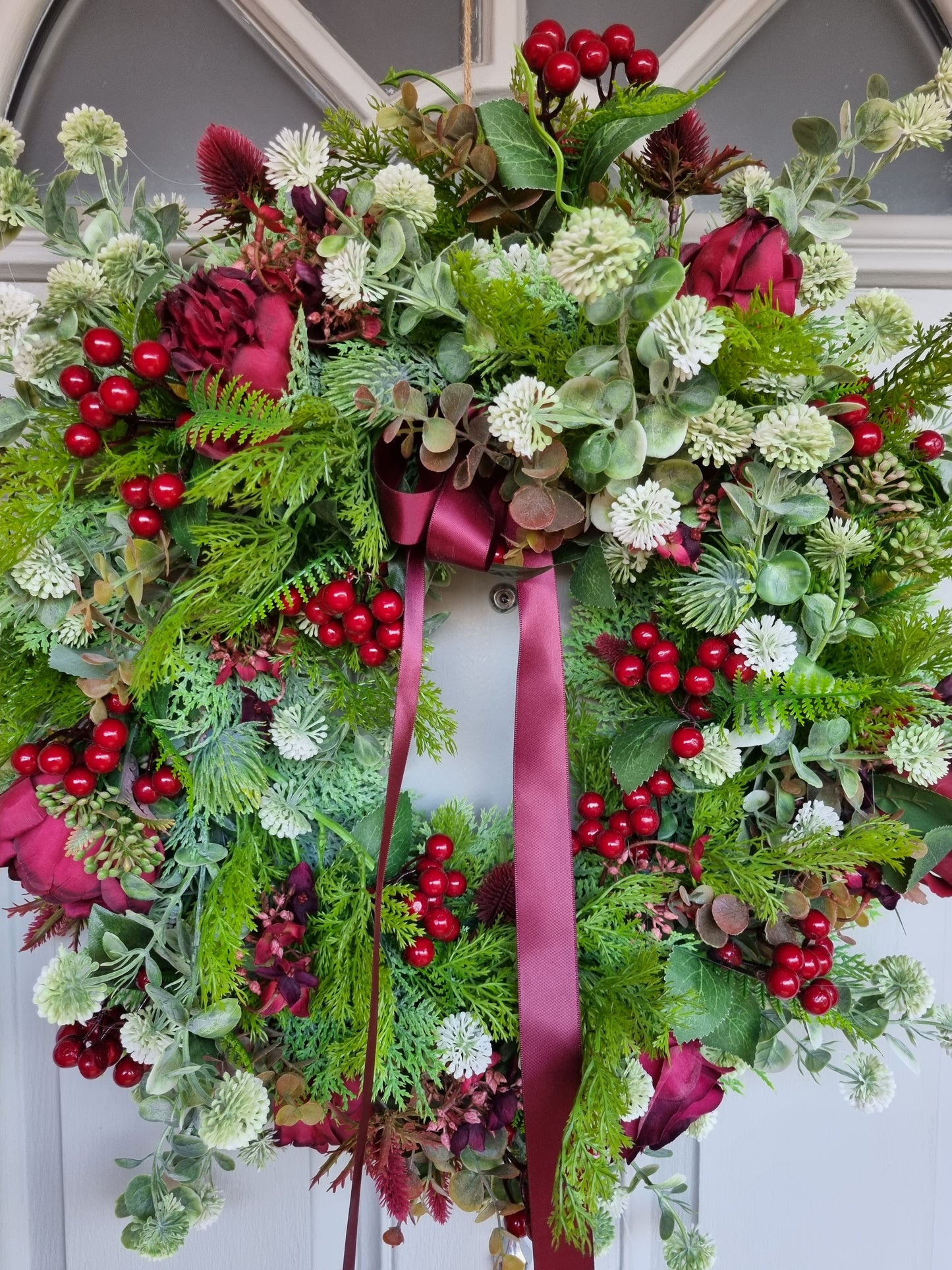 Festive berries, peonys & roses artificial Christmas wreath