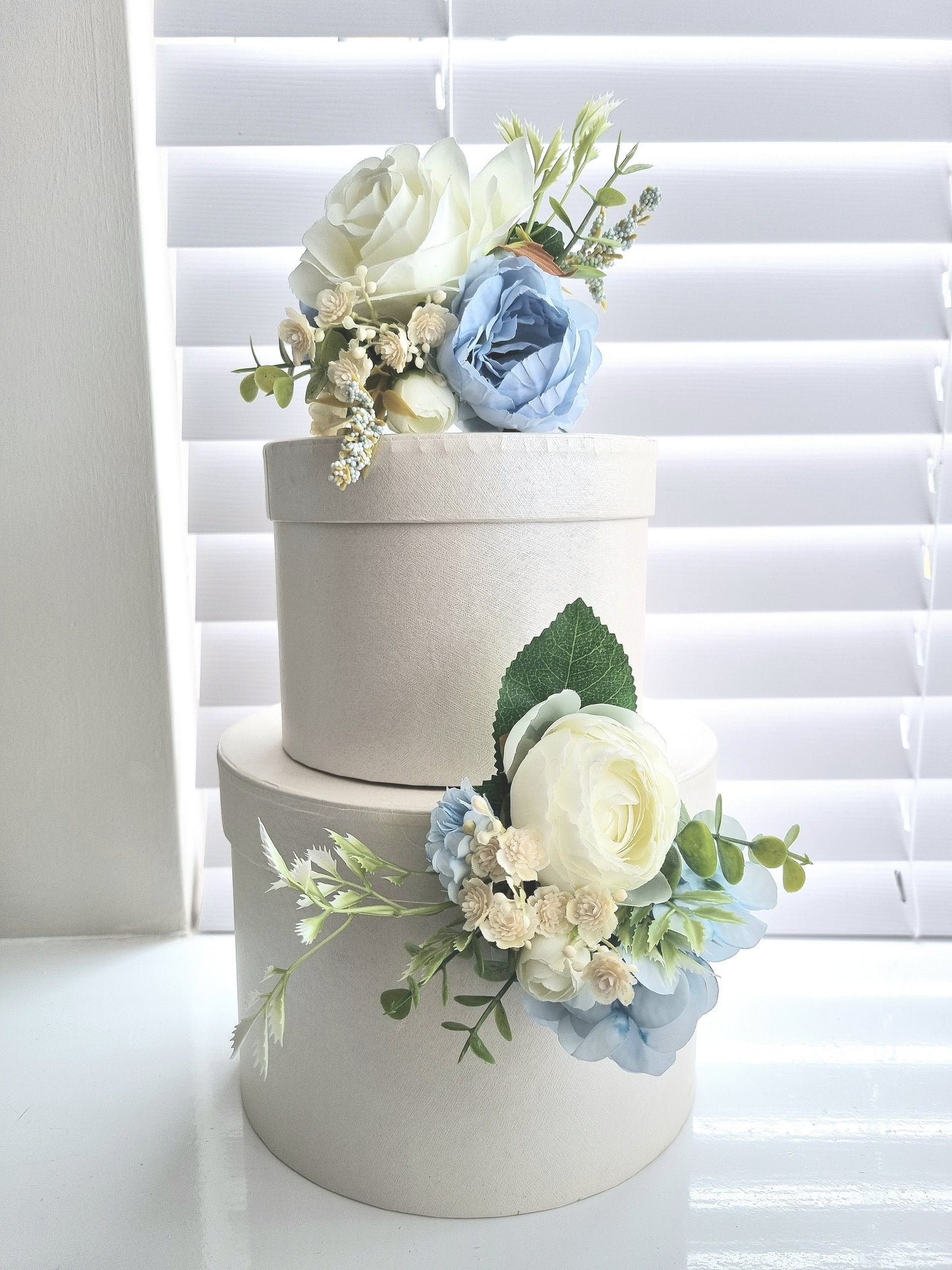 pale blue & ivory silk cake flowers