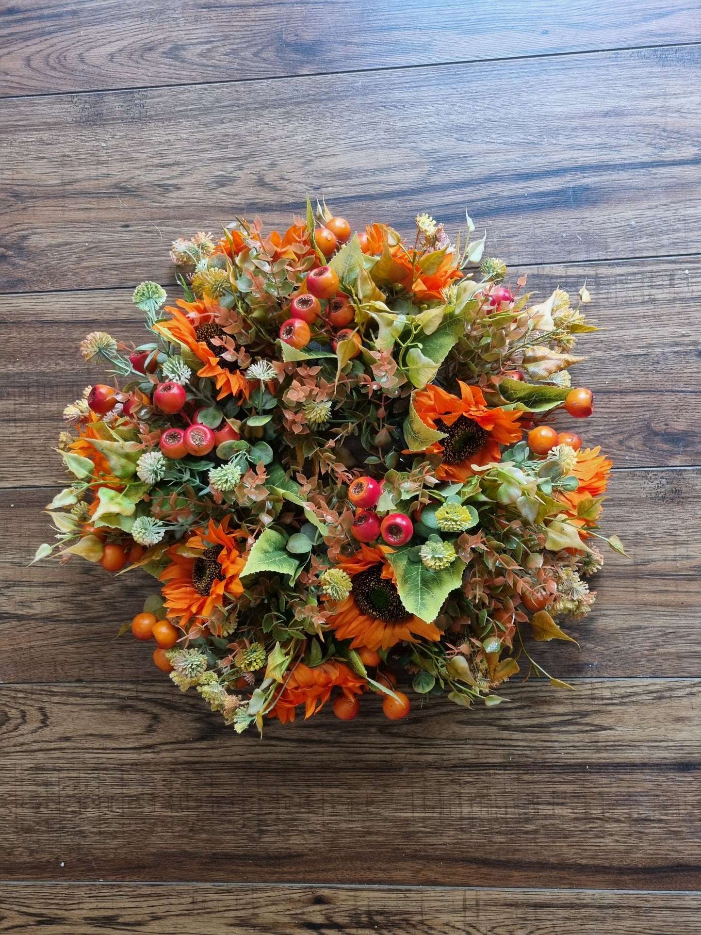 Medium faux autumn wreath ~ berries & sunflowers