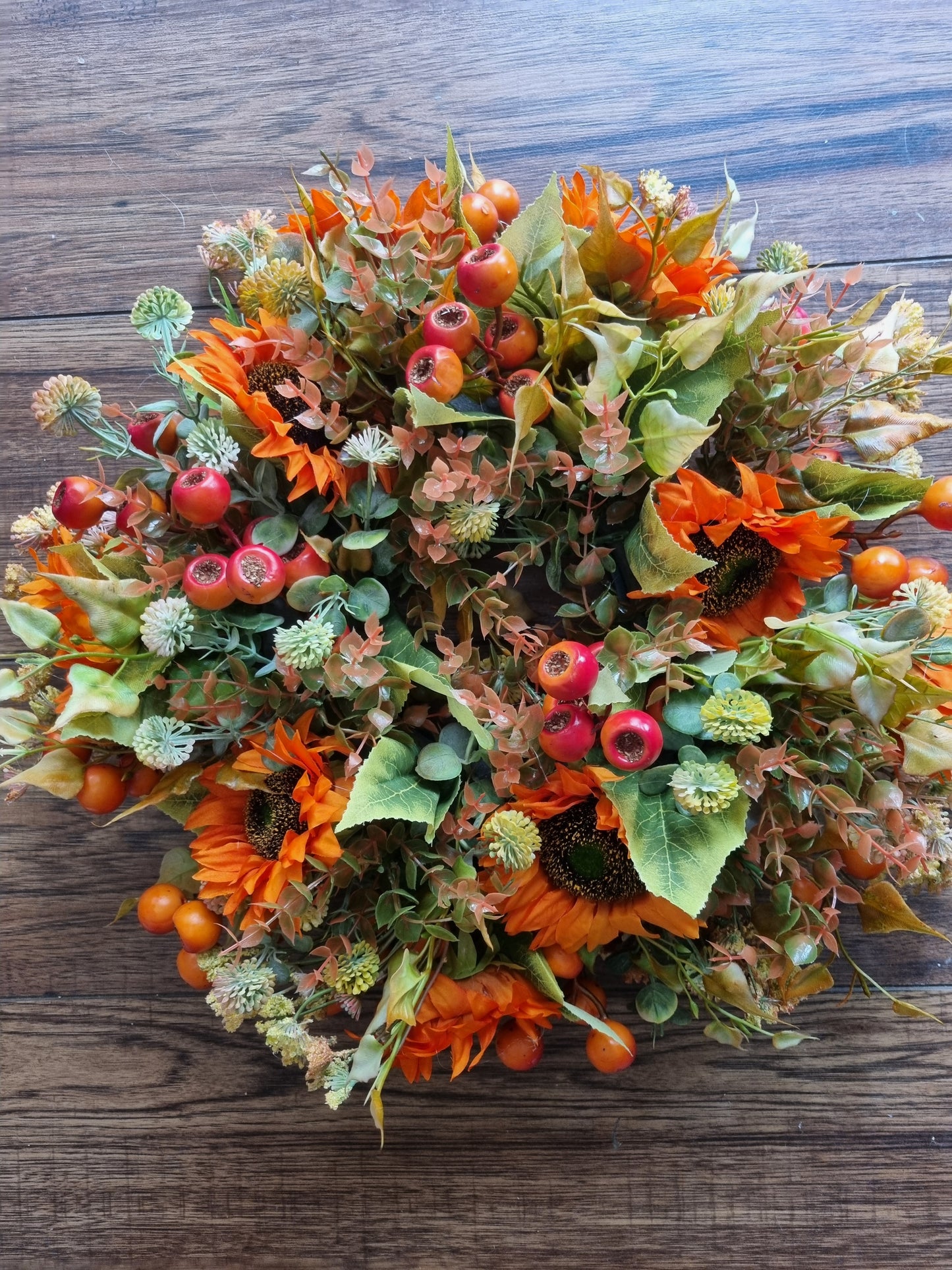 Medium faux autumn wreath ~ berries & sunflowers