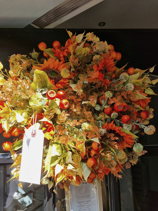 Medium faux autumn wreath ~ berries & sunflowers