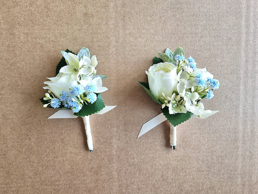 Dusty blue & ivory buttonholes & dress corsage