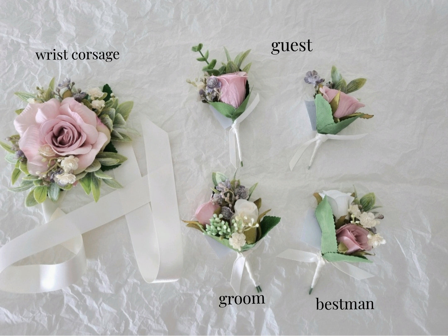 Blush pink, ivory & grey buttonholes