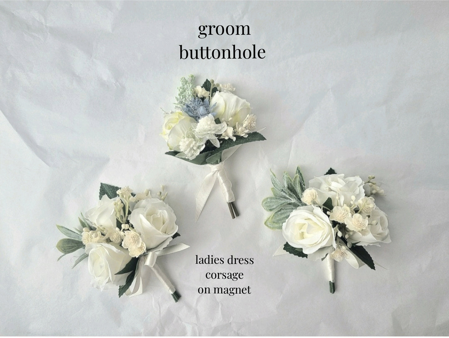 Dusty blue & ivory buttonholes & dress corsage