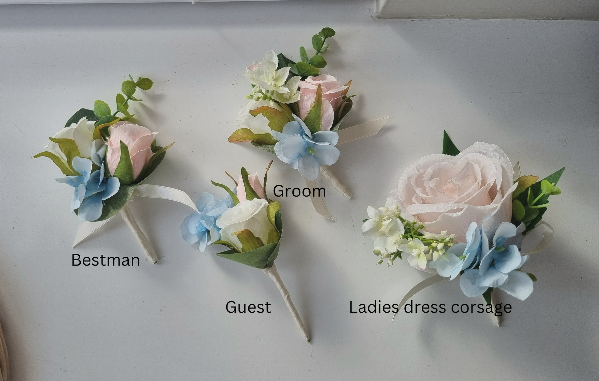 Baby pink pale blue & ivory ladies floral dress corsage