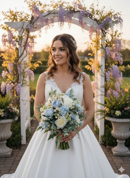 Light dusty blue & ivory artificial wedding bouquet