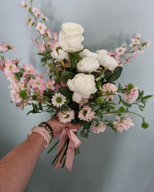 Faux floral ready made arrangement pinks & ivorys