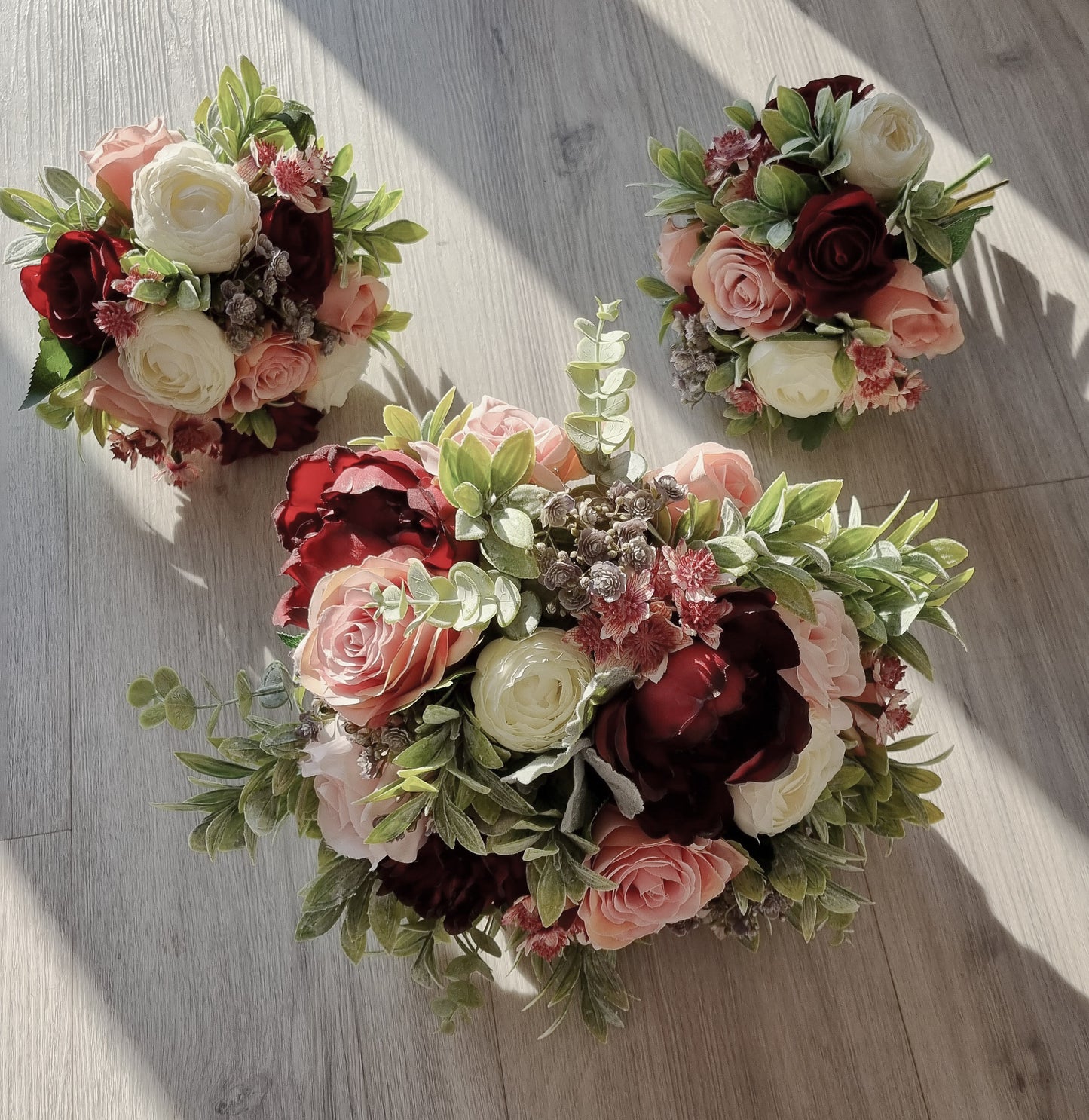 Burgundy, blush, ivory & muted green artificial wedding bouquet