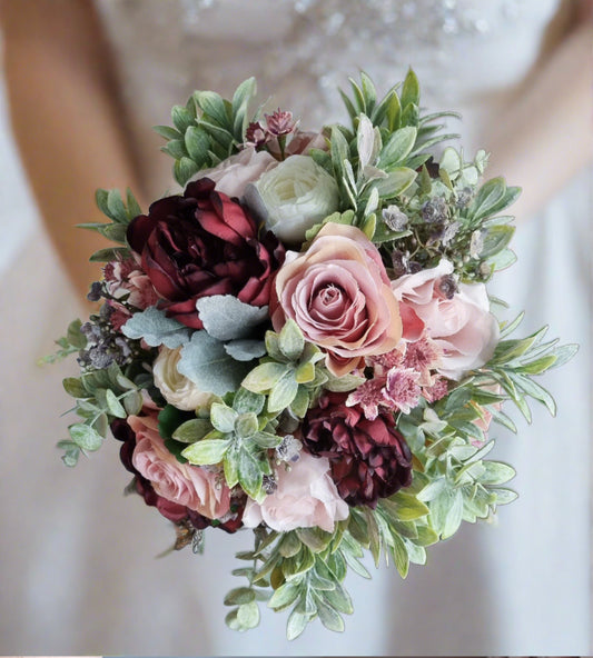 Burgundy, blush, ivory & muted green artificial wedding bouquet