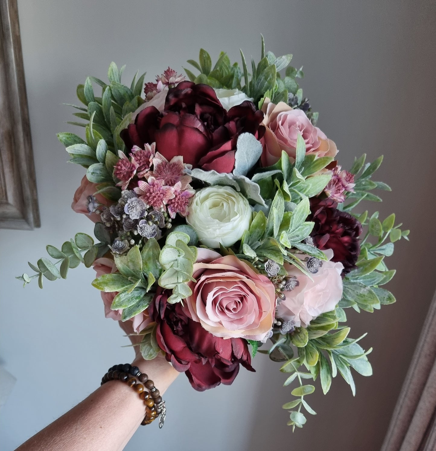 Burgundy, blush, ivory & muted green artificial wedding bouquet