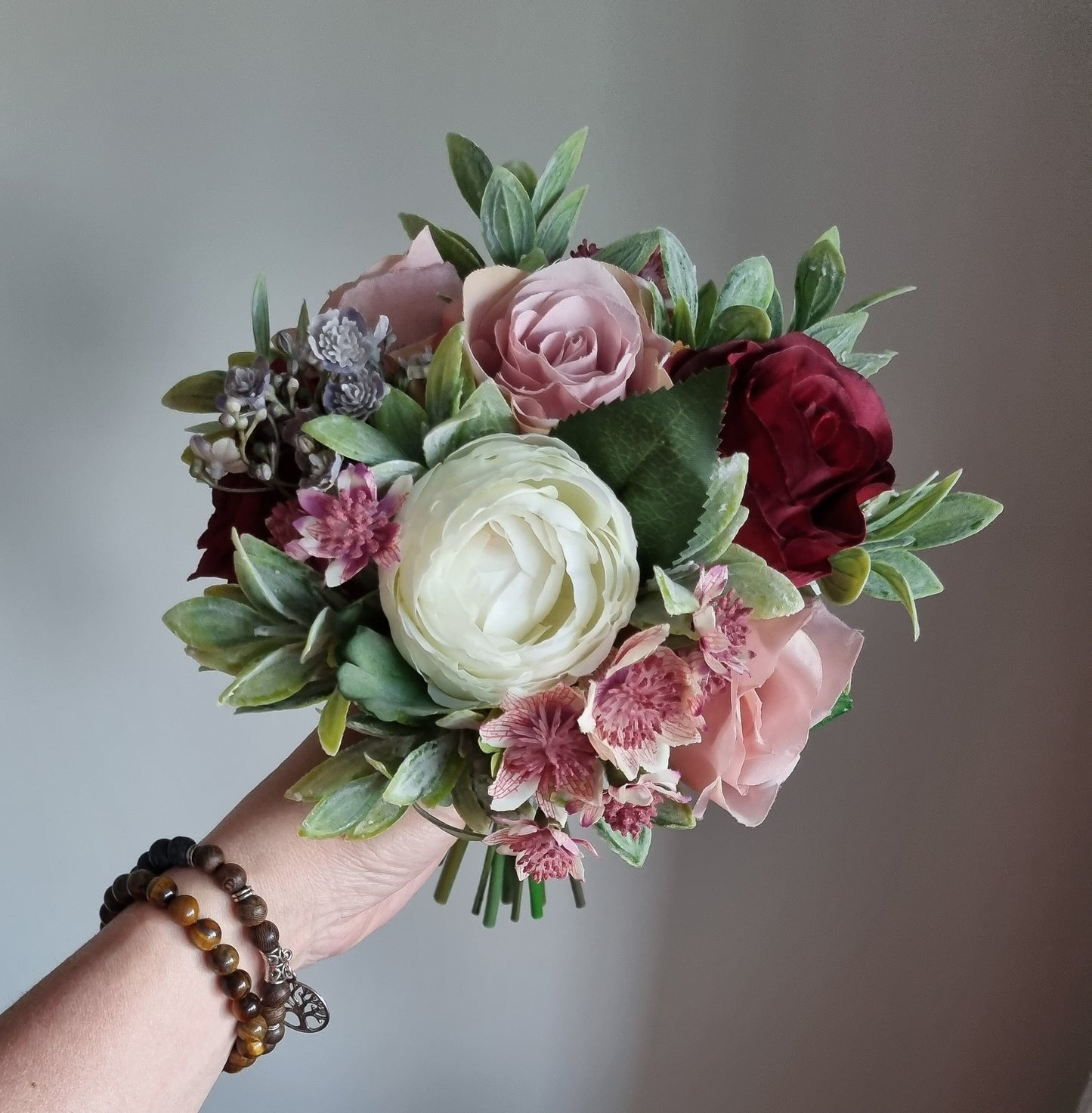 Burgundy, blush, ivory & muted green artificial wedding bouquet