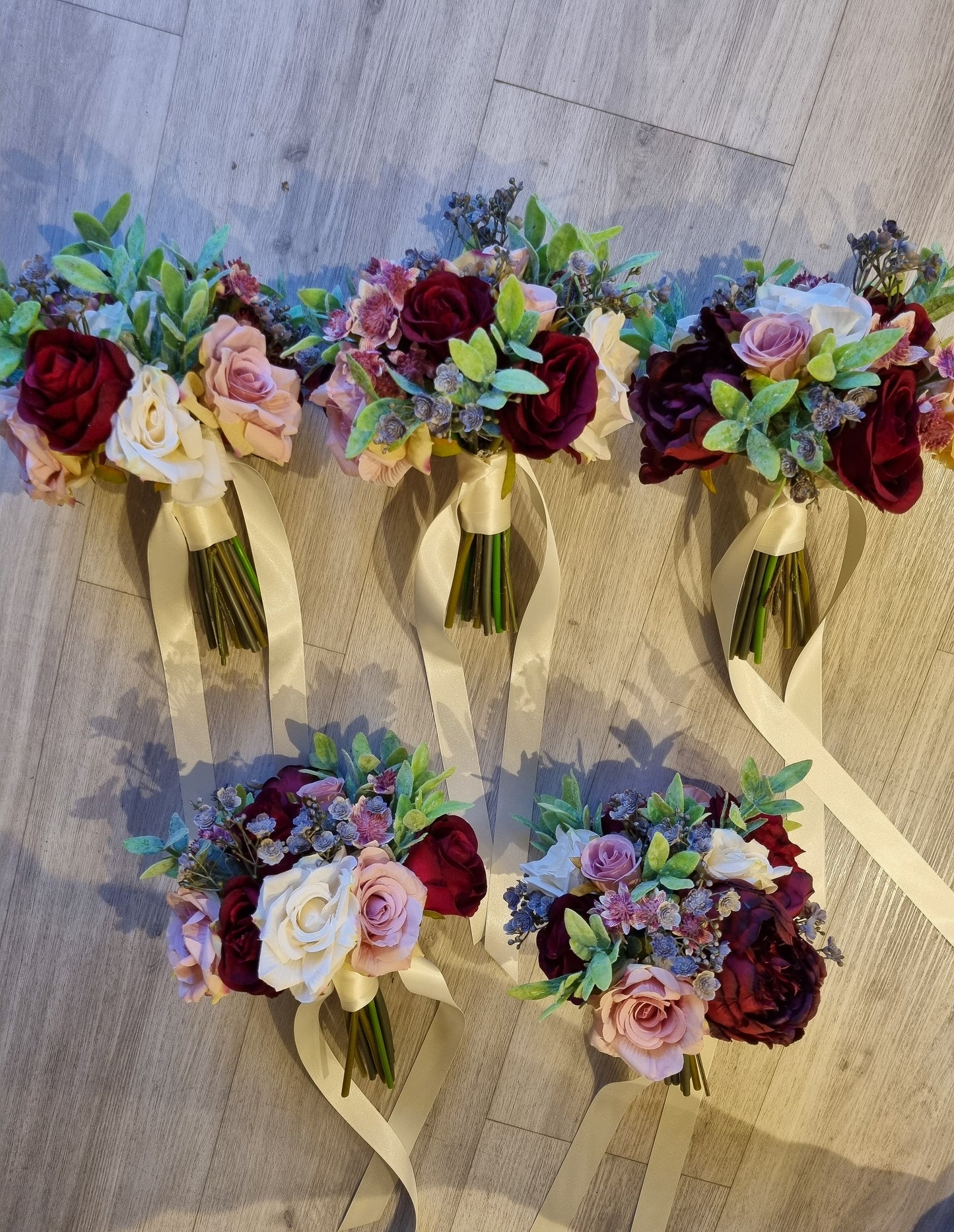 Burgundy, blush, ivory & muted green artificial wedding bouquet