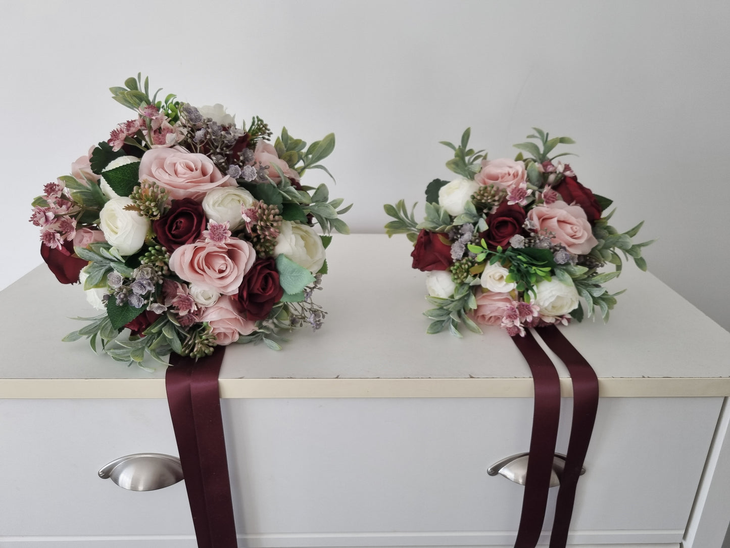 Burgundy, blush, ivory & muted green artificial wedding bouquet