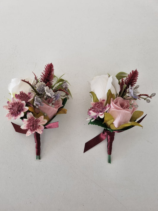 Burgundy, blush & ivory buttonholes