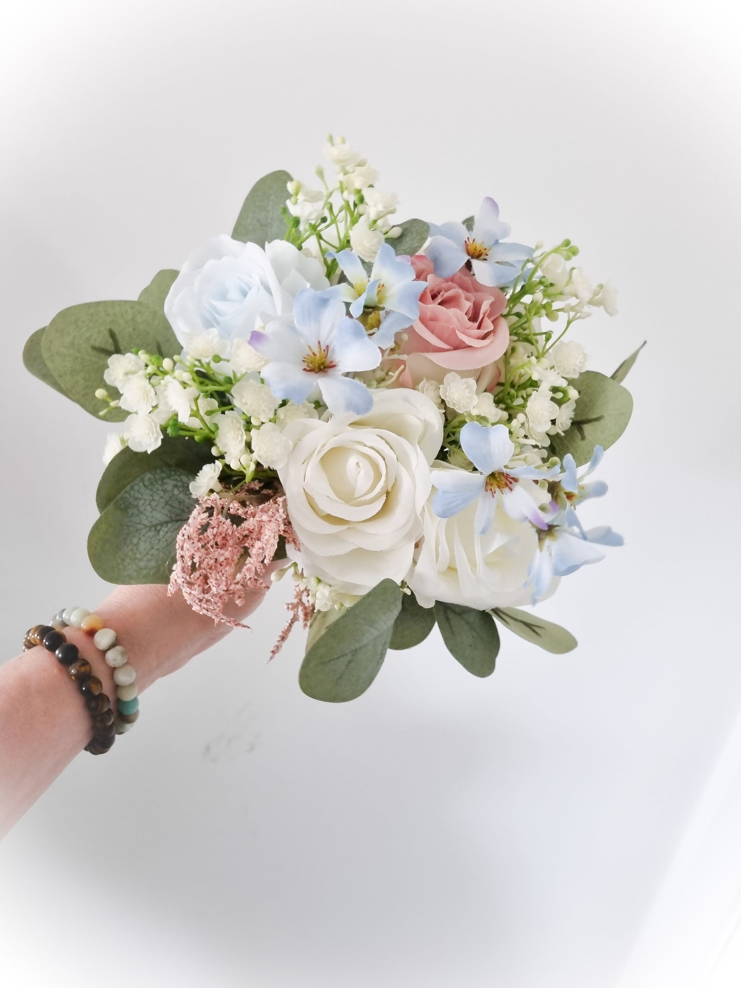 Baby pink & dusty blue artificial wedding bouquet