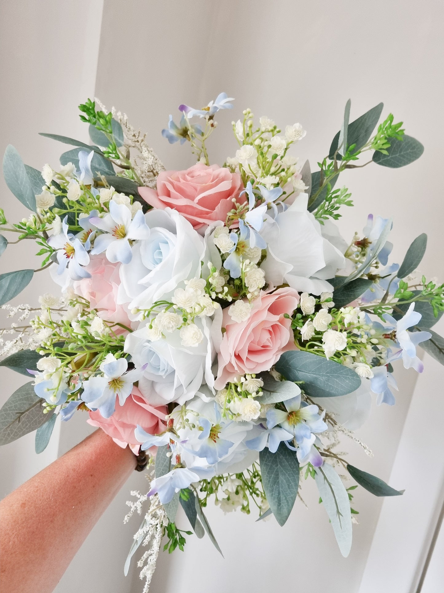 Baby pink & dusty blue artificial wedding bouquet