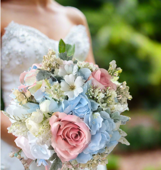 Baby pink & dusty blue artificial wedding bouquet