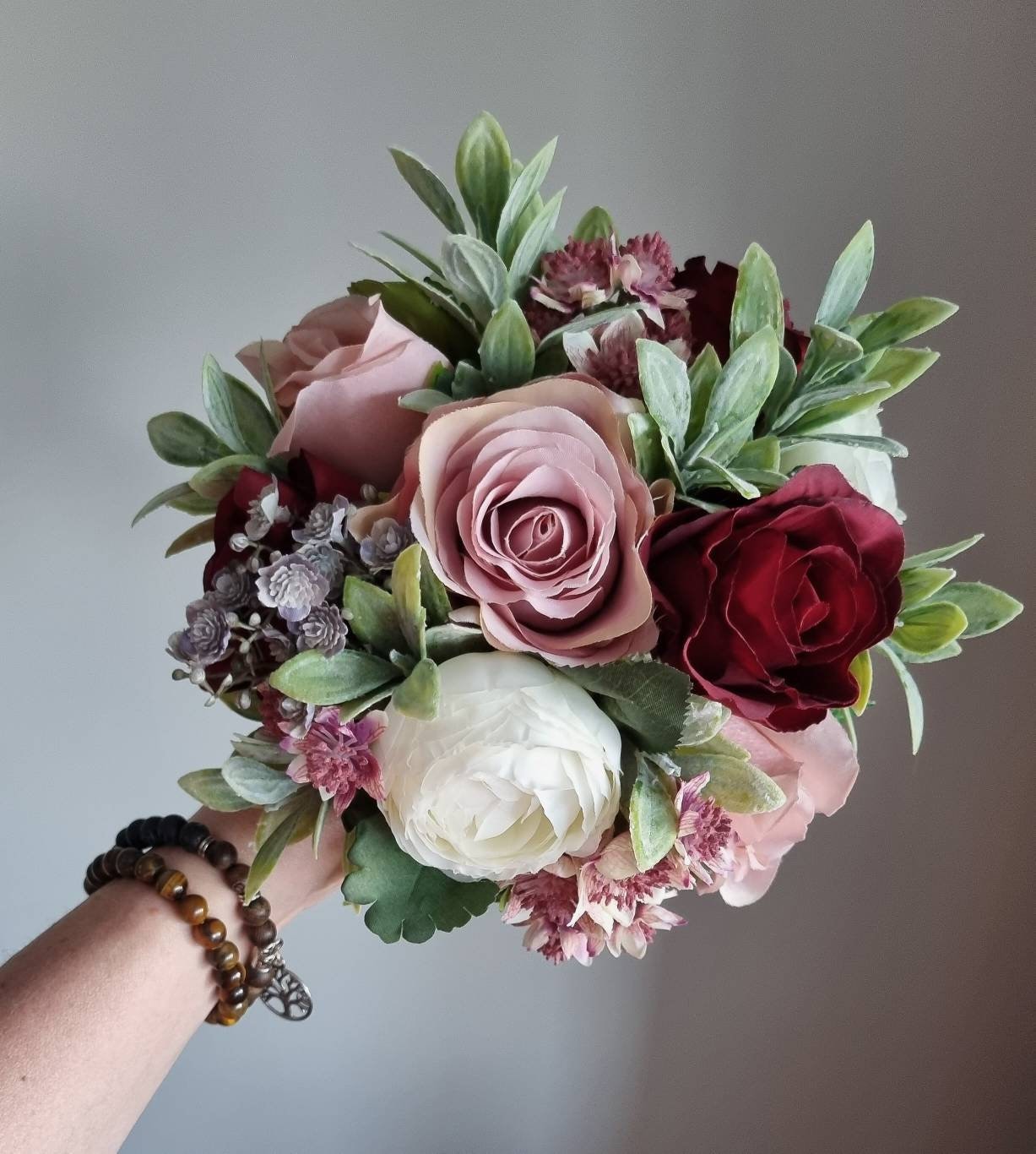 Burgundy, ivory, dusty pink, grey & muted greenery artificial wedding bouquet