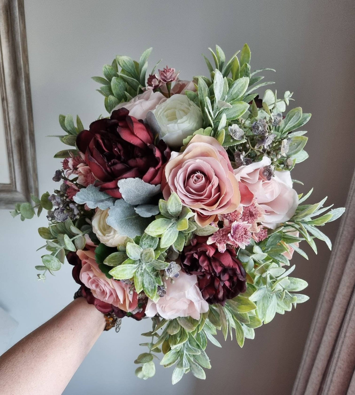 Burgundy, ivory, blush and dusty pink, grey and muted greenery silk bridal bouquet, wedding bouquet/ artificial bridal bouquet/ wedding