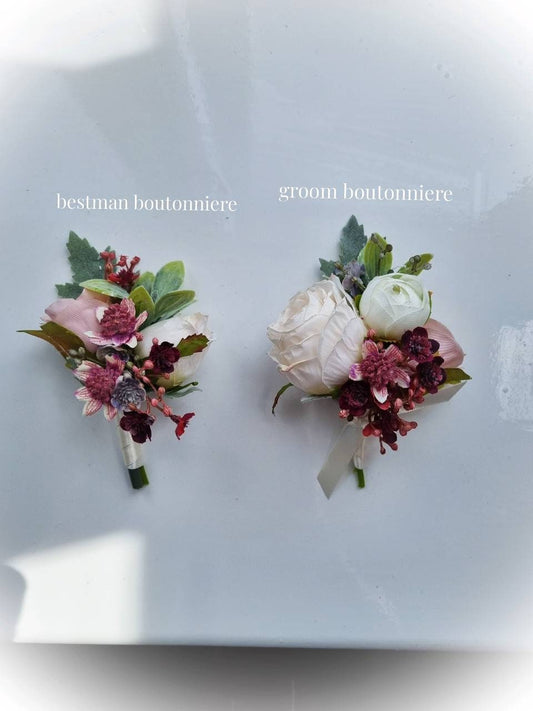 Burgundy, ivory, dusty pink, grey & muted greenery artificial wedding buttonholes
