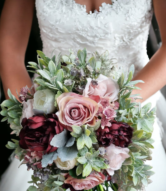 Burgundy, ivory, dusty pink, grey & muted greenery artificial wedding bouquet