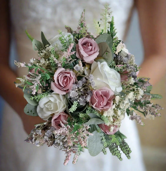 Dusty pink, ivory and sage green artificial wedding bouquet